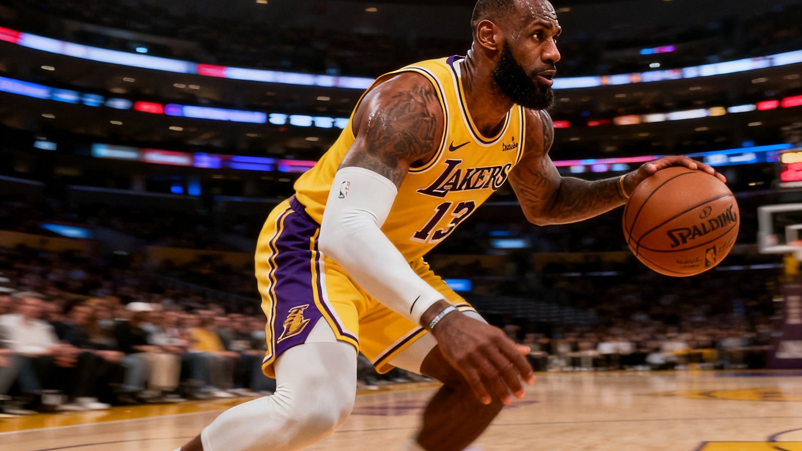 NBA湖人加时获胜，勒布朗·詹姆斯持球，比分牌显示112-107